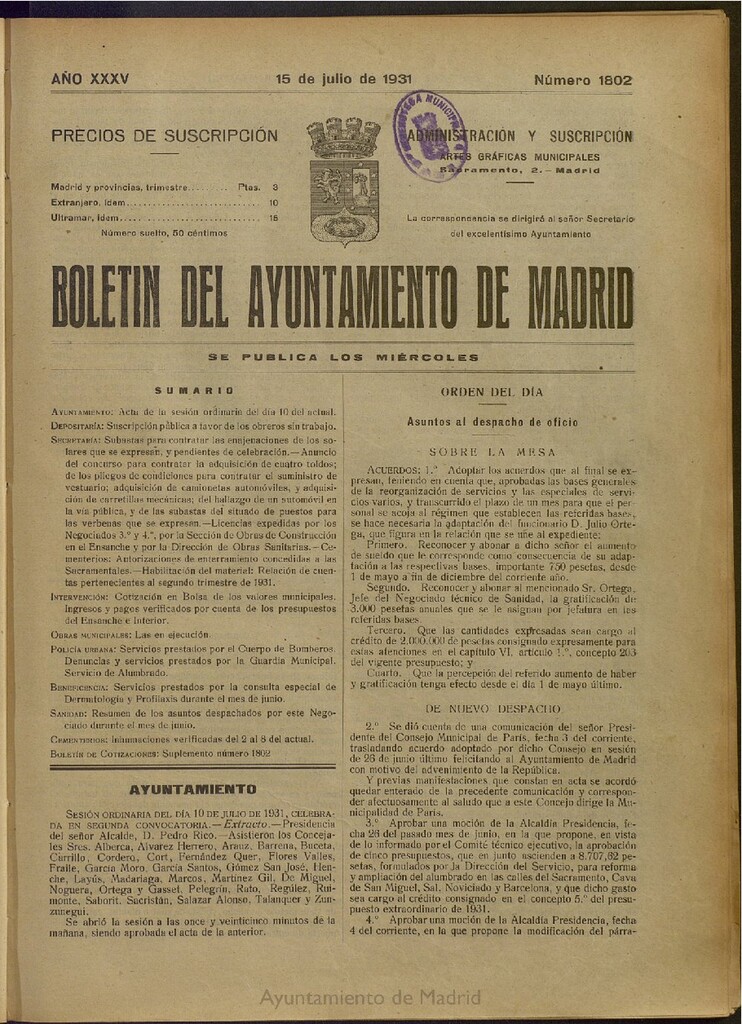 Miniatura de Boletín Oficial del Ayuntamiento de Madrid del 15 de julio de 1931, nº 1802