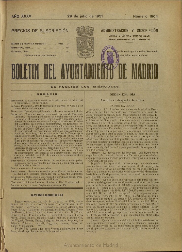 Miniatura de Boletín Oficial del Ayuntamiento de Madrid del 29 de julio de 1931, nº 1804