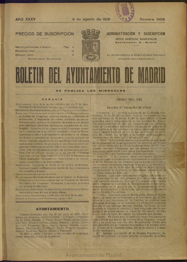 Miniatura de Boletín Oficial del Ayuntamiento de Madrid del 5 de agosto de 1931, nº 1805