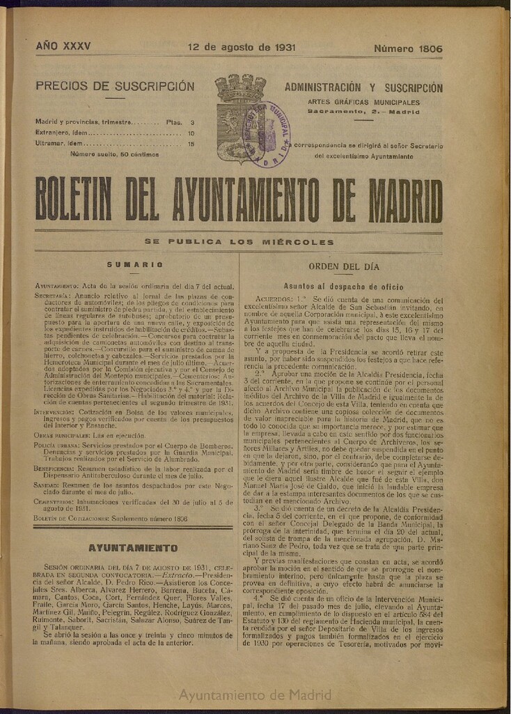 Miniatura de Boletín Oficial del Ayuntamiento de Madrid del 12 de agosto de 1931, nº 1806