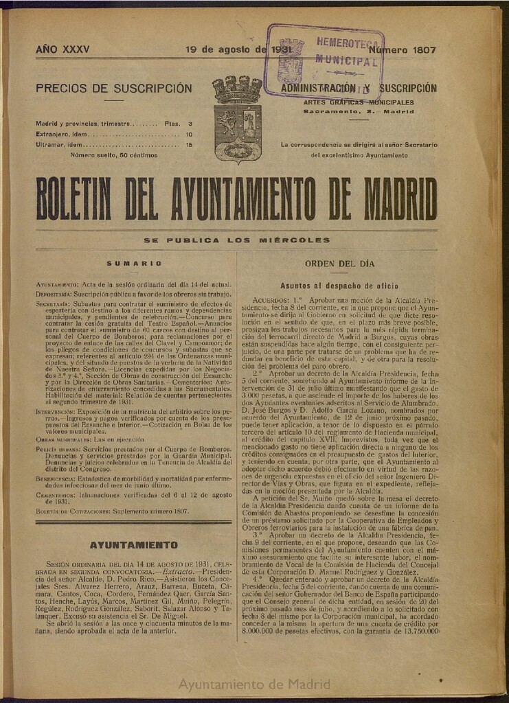 Miniatura de Boletín Oficial del Ayuntamiento de Madrid del 19 de agosto de 1931, nº 1807