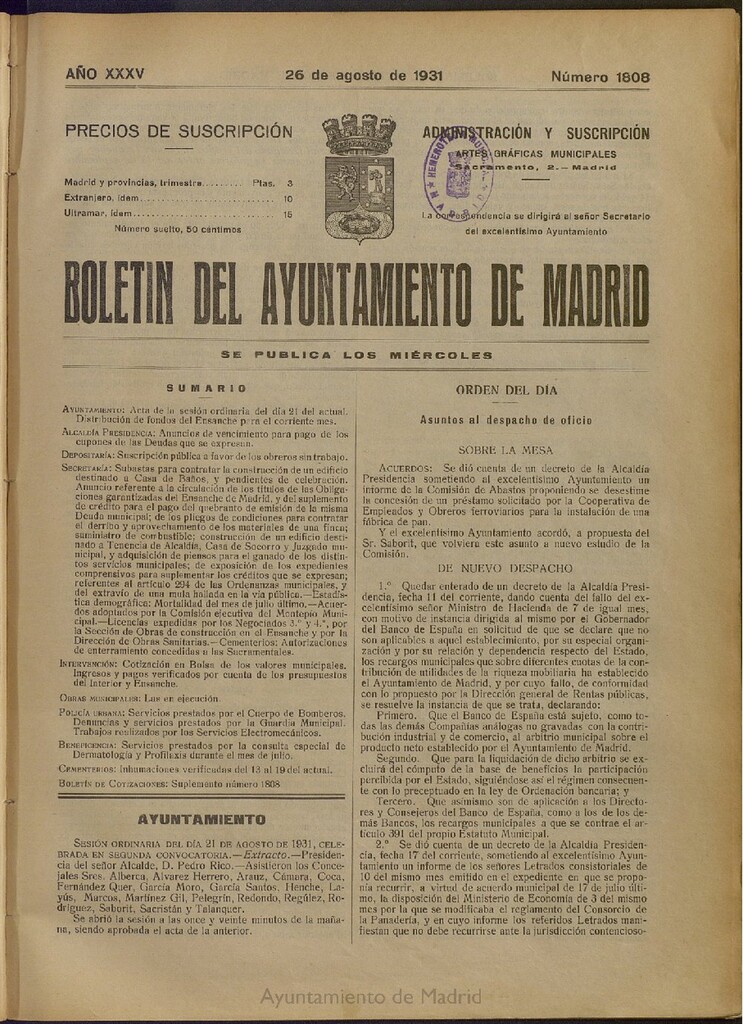 Miniatura de Boletín Oficial del Ayuntamiento de Madrid del 26 de agosto de 1931, nº 1808