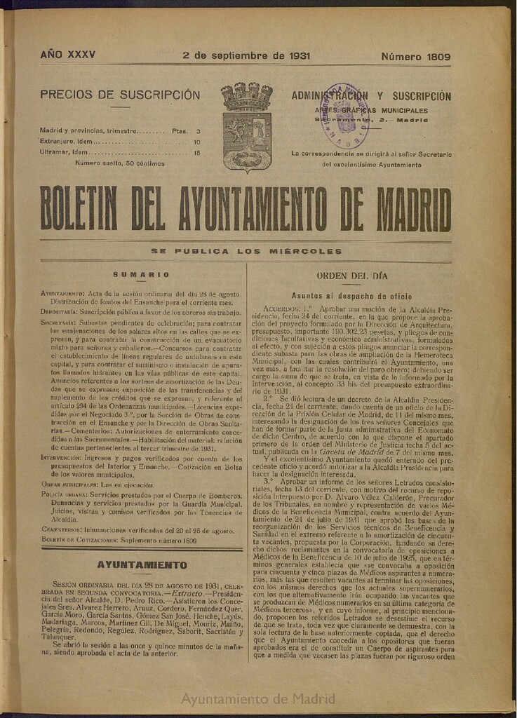 Miniatura de Boletín Oficial del Ayuntamiento de Madrid del 2 de septiembre de 1931, nº 1809