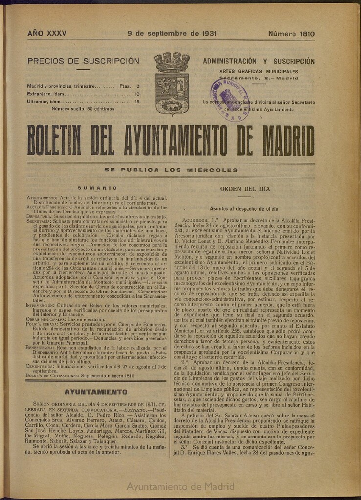 Miniatura de Boletín Oficial del Ayuntamiento de Madrid del 9 de septiembre de 1931, nº 1810