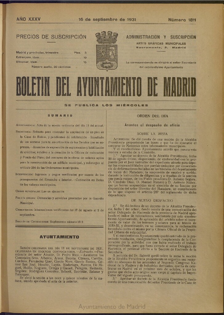 Miniatura de Boletín Oficial del Ayuntamiento de Madrid del 16 de septiembre de 1931, nº 1811