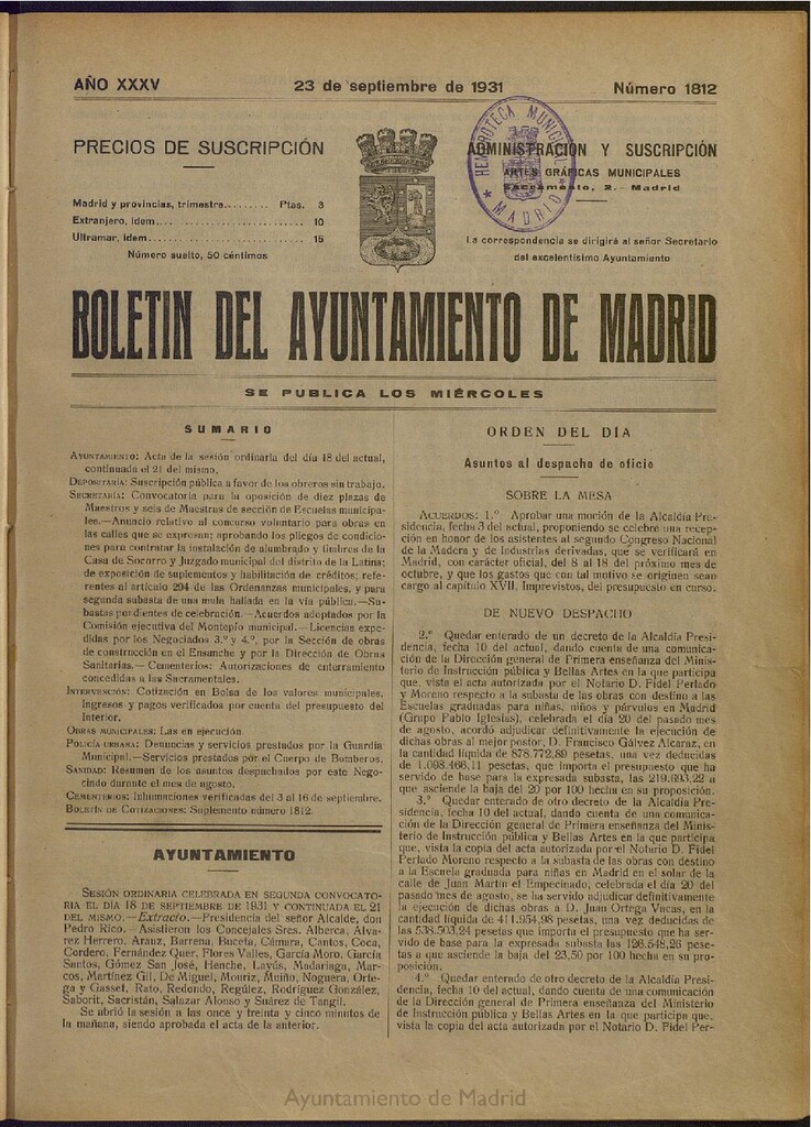 Miniatura de Boletín Oficial del Ayuntamiento de Madrid del 23 de septiembre de 1931, nº 1812