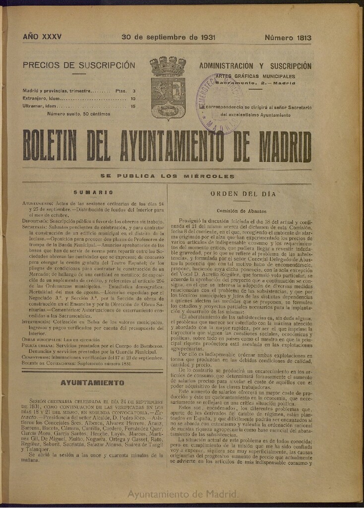 Miniatura de Boletín Oficial del Ayuntamiento de Madrid del 30 de septiembre de 1931, nº 1813