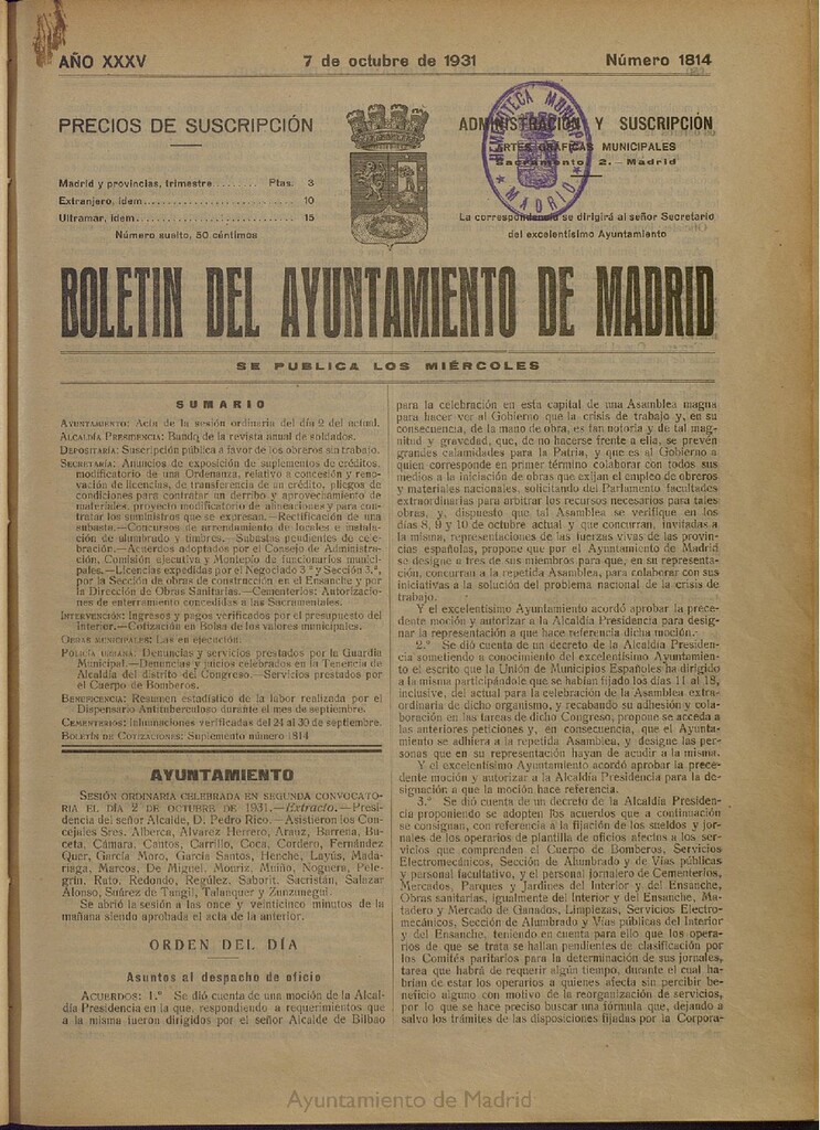 Miniatura de Boletín Oficial del Ayuntamiento de Madrid del 7 de octubre de 1931, nº 1814