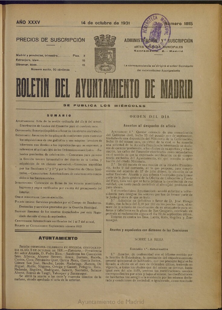 Miniatura de Boletín Oficial del Ayuntamiento de Madrid del 14 de octubre de 1931, nº 1815