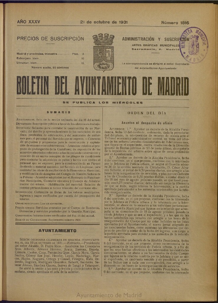 Miniatura de Boletín Oficial del Ayuntamiento de Madrid del 21 de octubre de 1931, nº 1816