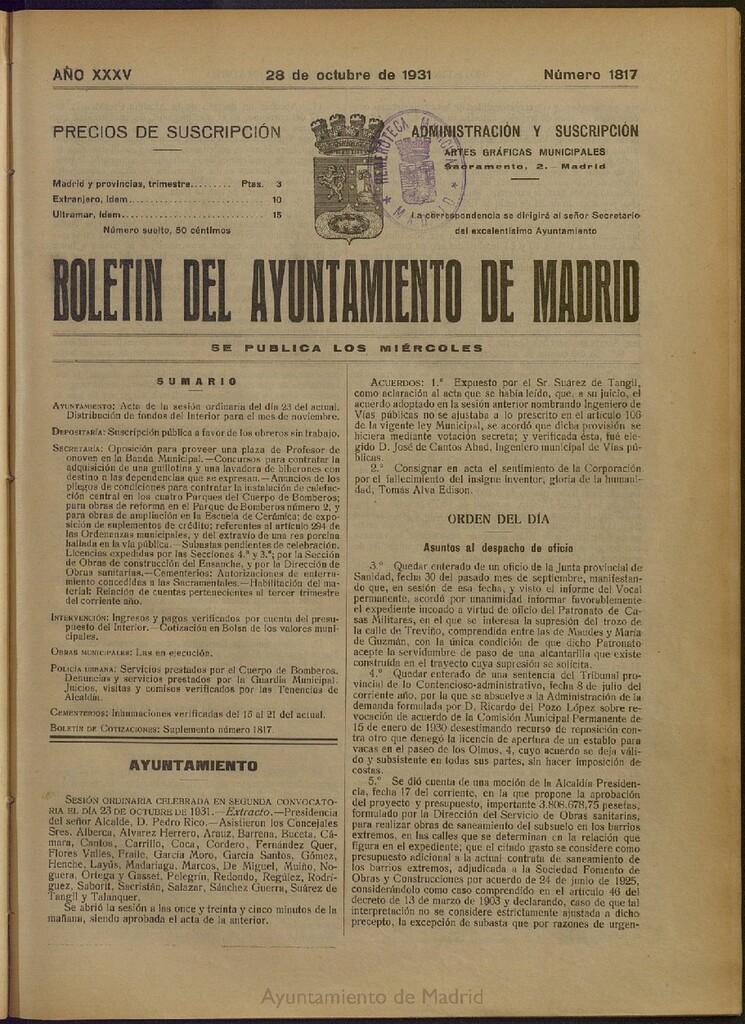 Miniatura de Boletín Oficial del Ayuntamiento de Madrid del 28 de octubre de 1931, nº 1817