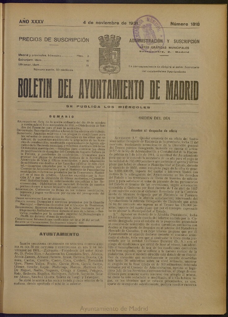 Miniatura de Boletín Oficial del Ayuntamiento de Madrid del 4 de noviembre de 1931, nº 1818