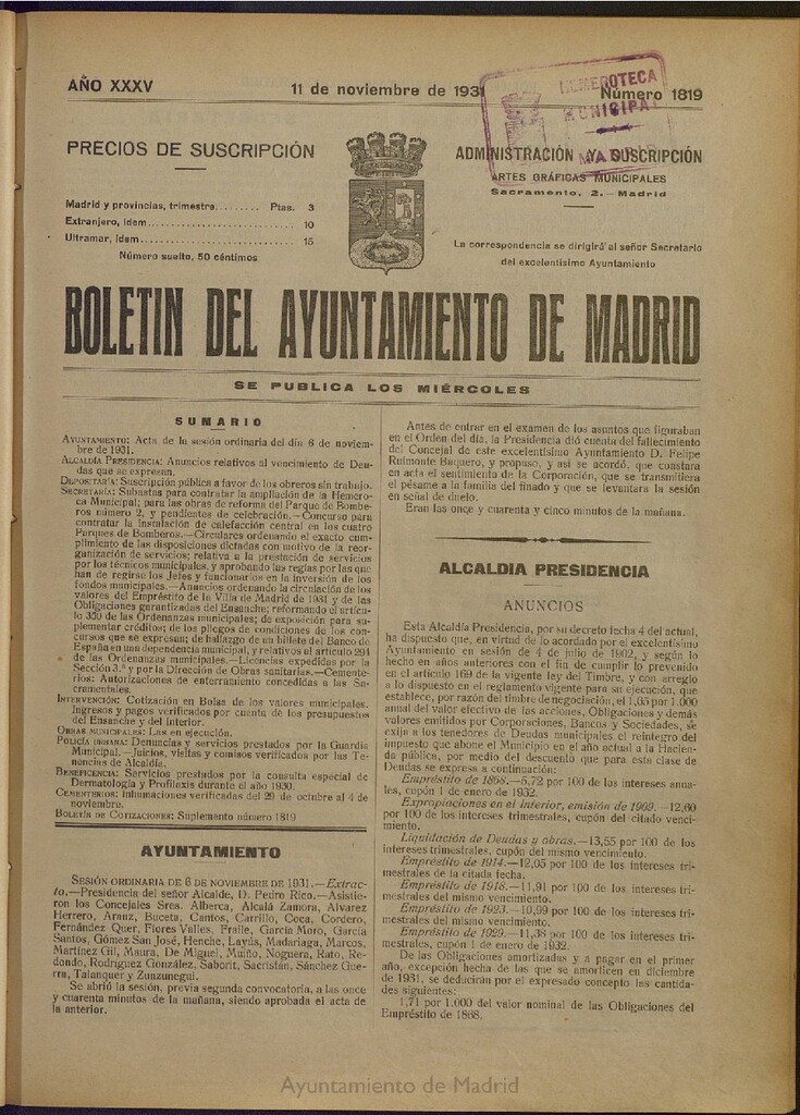 Miniatura de Boletín Oficial del Ayuntamiento de Madrid del 11 de noviembre de 1931, nº 1819