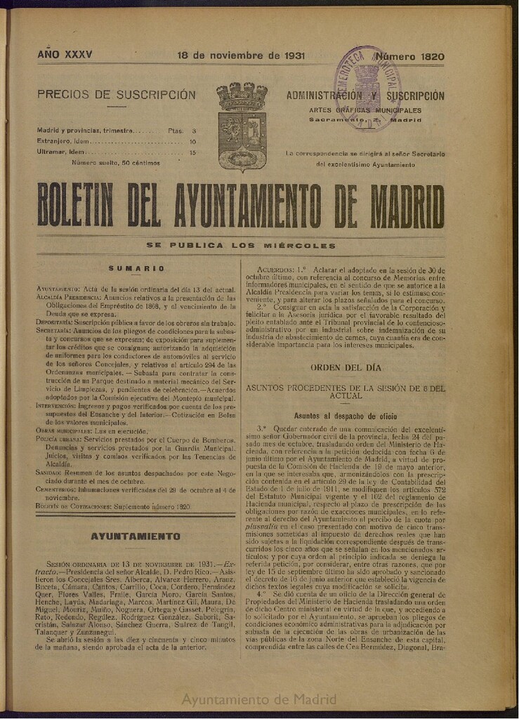 Miniatura de Boletín Oficial del Ayuntamiento de Madrid del 18 de noviembre de 1931, nº 1820