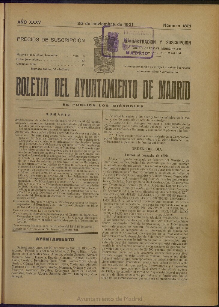 Miniatura de Boletín Oficial del Ayuntamiento de Madrid del 25 de noviembre de 1931, nº 1821
