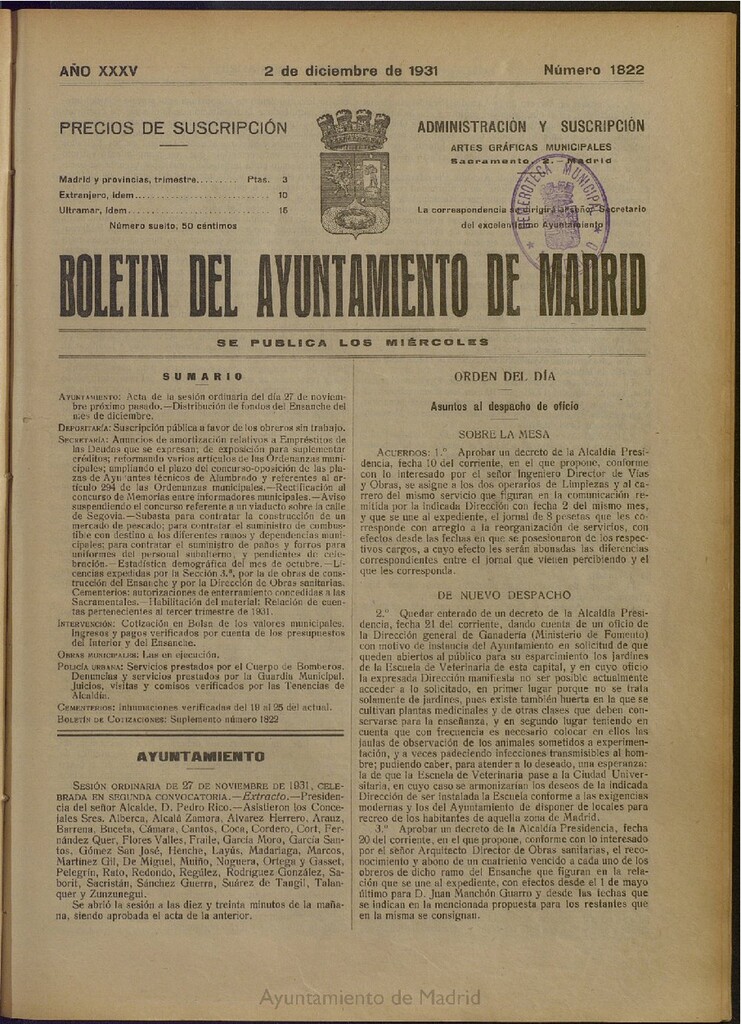 Miniatura de Boletín Oficial del Ayuntamiento de Madrid del 2 de diciembre de 1931, nº 1822