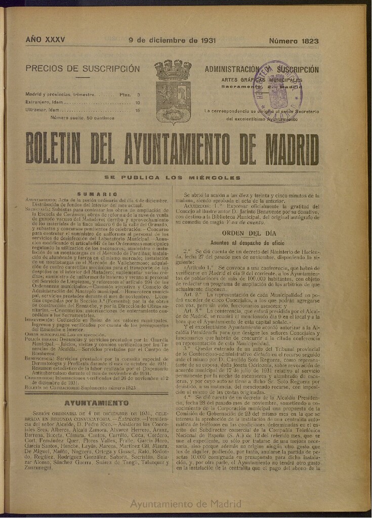 Miniatura de Boletín Oficial del Ayuntamiento de Madrid del 9 de diciembre de 1931, nº 1823