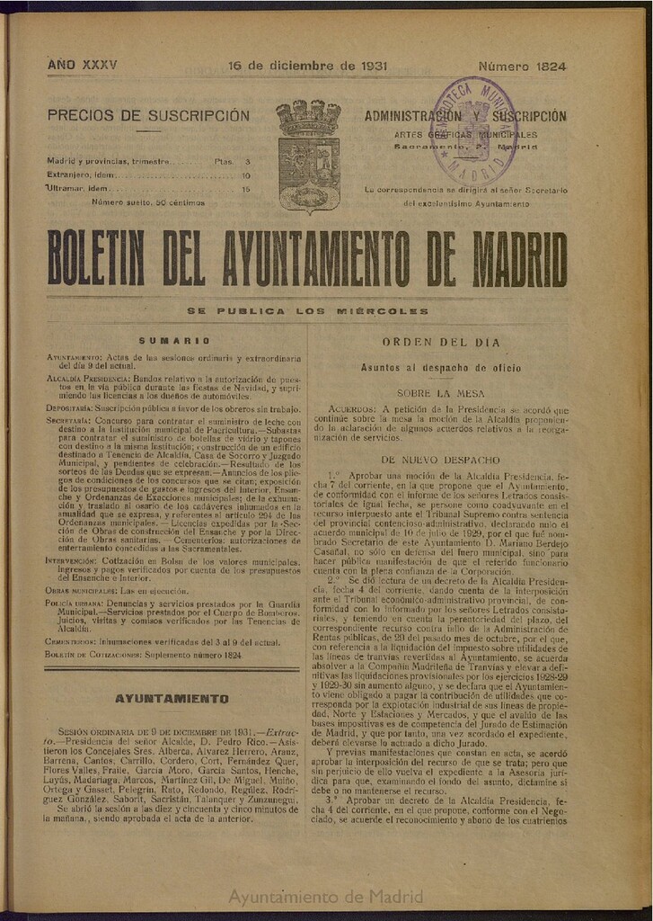 Miniatura de Boletín Oficial del Ayuntamiento de Madrid del 16 de diciembre de 1931, nº 1824