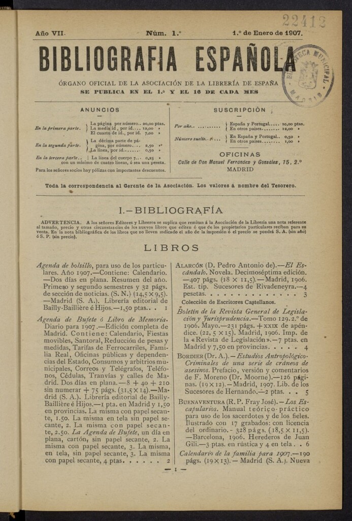 Miniatura de Bibliografía Española del 1 de enero de 1907