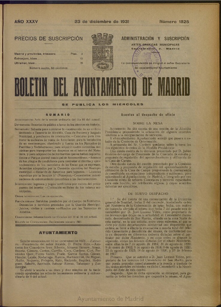 Miniatura de Boletín Oficial del Ayuntamiento de Madrid del 23 de diciembre de 1931, nº 1825