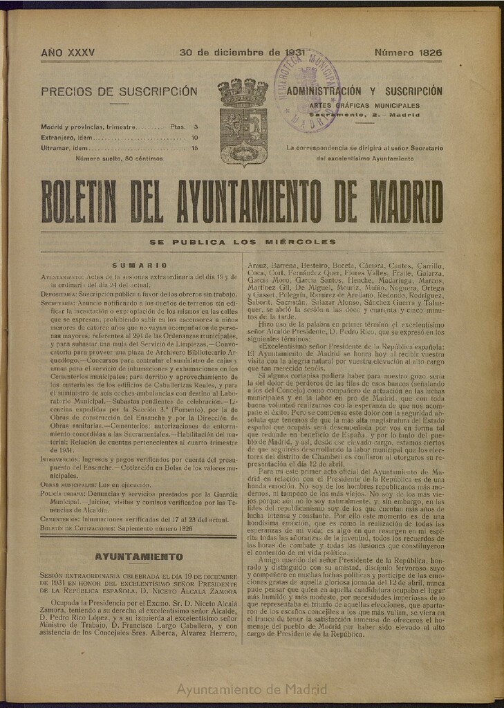 Miniatura de Boletín Oficial del Ayuntamiento de Madrid del 30 de diciembre de 1931, nº 1826