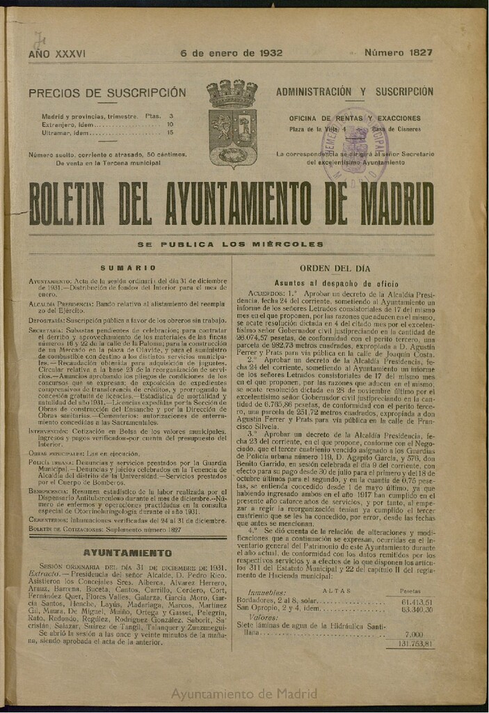 Miniatura de Boletín Oficial del Ayuntamiento de Madrid del 6 de enero de 1932, nº 1827