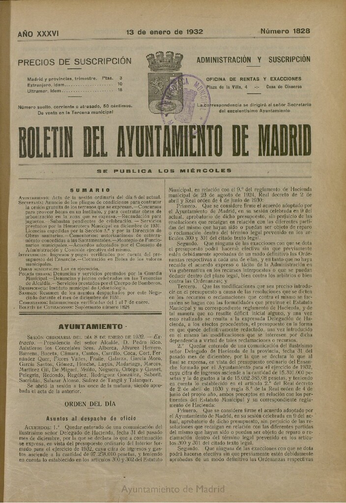Miniatura de Boletín Oficial del Ayuntamiento de Madrid del 13 de enero de 1932, nº 1828