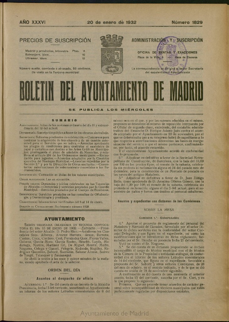 Miniatura de Boletín Oficial del Ayuntamiento de Madrid del 20 de enero de 1932, nº 1829