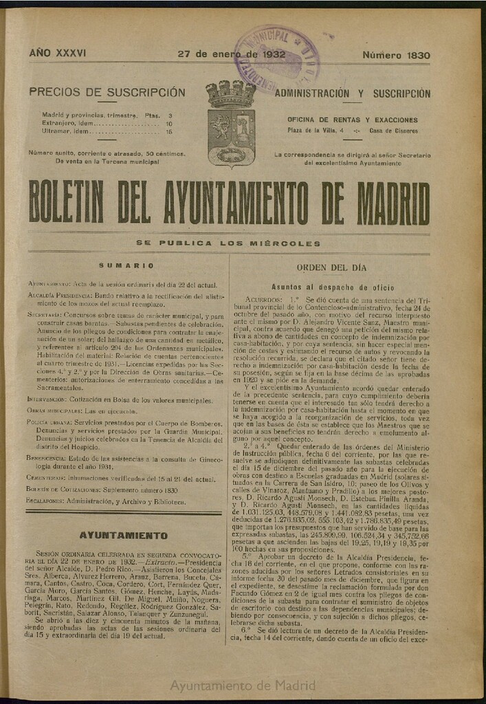 Miniatura de Boletín Oficial del Ayuntamiento de Madrid del 27 de enero de 1932, nº 1830