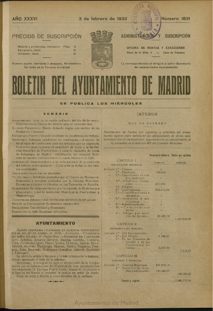 Miniatura de Boletín Oficial del Ayuntamiento de Madrid del 3 de febrero de 1932, nº 1831
