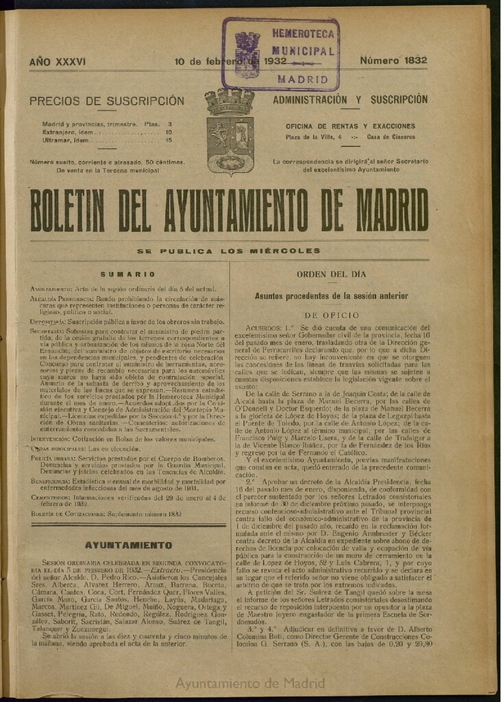 Miniatura de Boletín Oficial del Ayuntamiento de Madrid del 10 de febrero de 1932, nº 1832