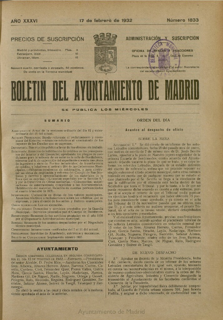 Miniatura de Boletín Oficial del Ayuntamiento de Madrid del 17 de febrero de 1932, nº 1833