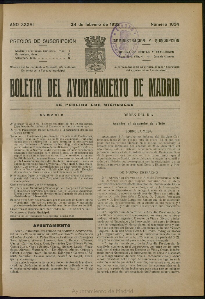 Miniatura de Boletín Oficial del Ayuntamiento de Madrid del 24 de febrero de 1932, nº 1834