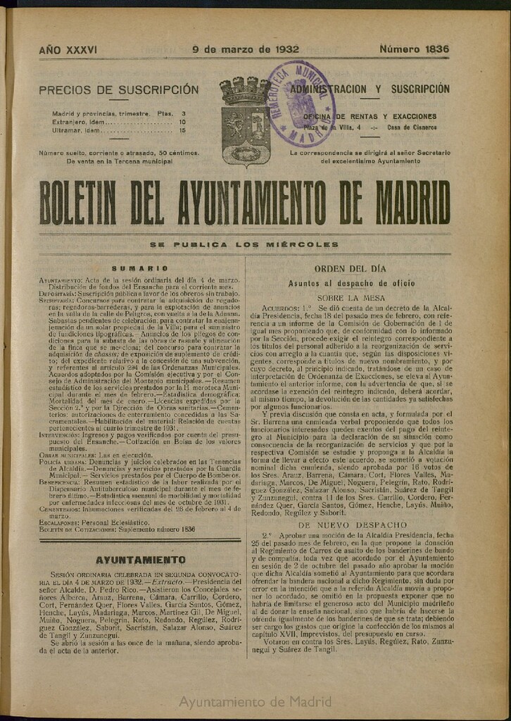 Miniatura de Boletín Oficial del Ayuntamiento de Madrid del 9 de marzo de 1932, nº 1836