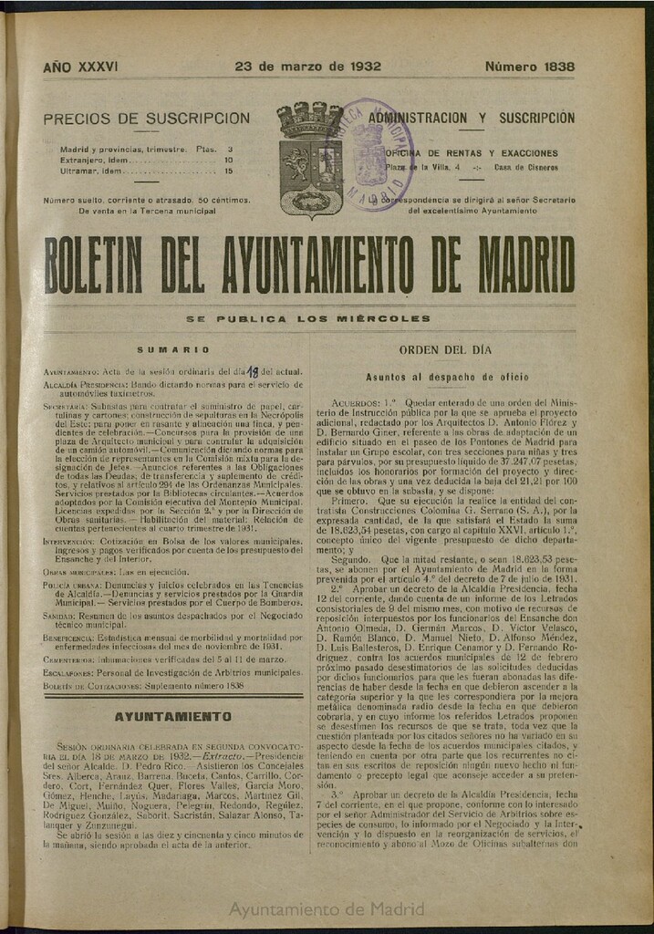 Miniatura de Boletín Oficial del Ayuntamiento de Madrid del 23 de marzo de 1932, nº 1838