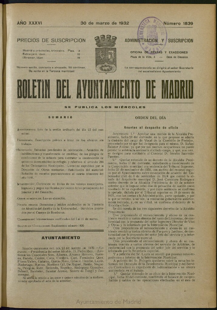 Miniatura de Boletín Oficial del Ayuntamiento de Madrid del 30 de marzo de 1932, nº 1839