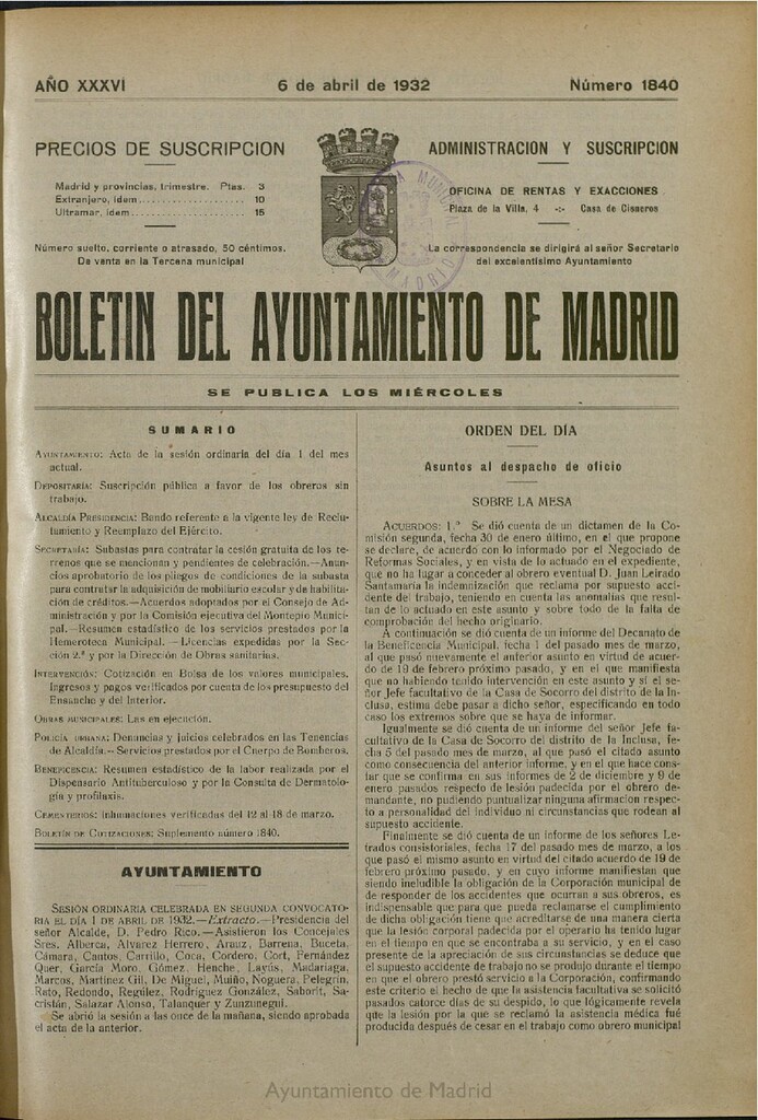 Miniatura de Boletín Oficial del Ayuntamiento de Madrid del 6 de abril de 1932, nº 1840