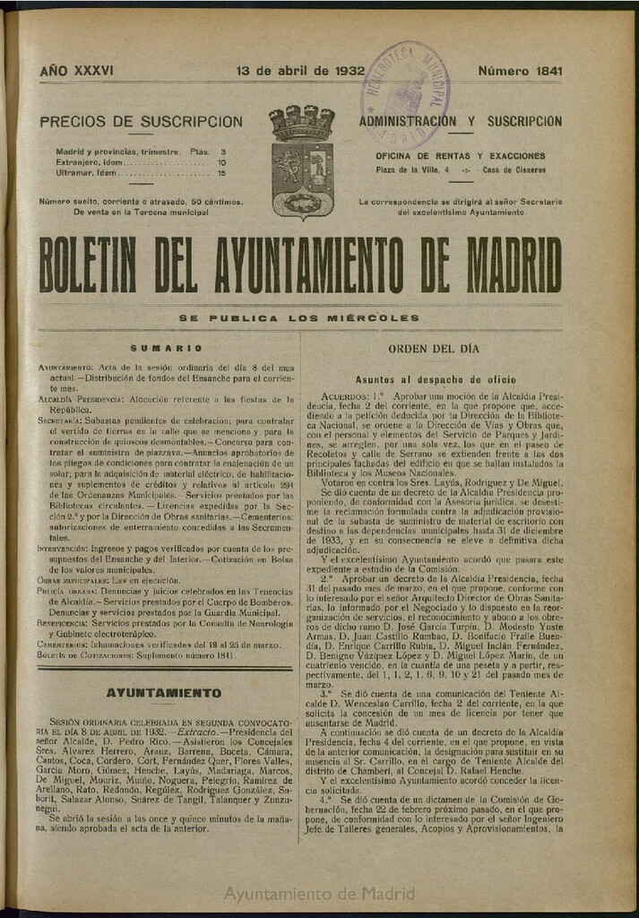 Miniatura de Boletín Oficial del Ayuntamiento de Madrid del 13 de abril de 1932, nº 1841