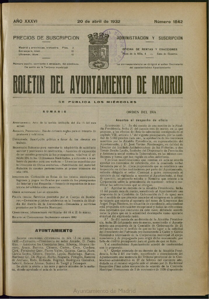 Miniatura de Boletín Oficial del Ayuntamiento de Madrid del 20 de abril de 1932, nº 1842