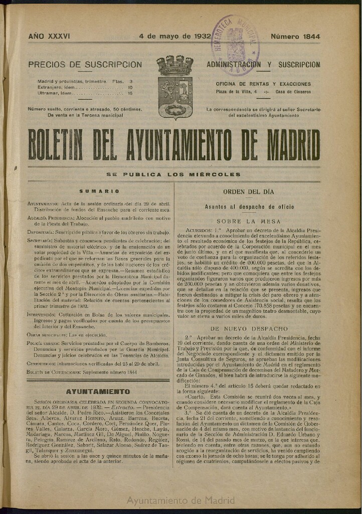 Miniatura de Boletín Oficial del Ayuntamiento de Madrid del 4 de mayo de 1932, nº 1844