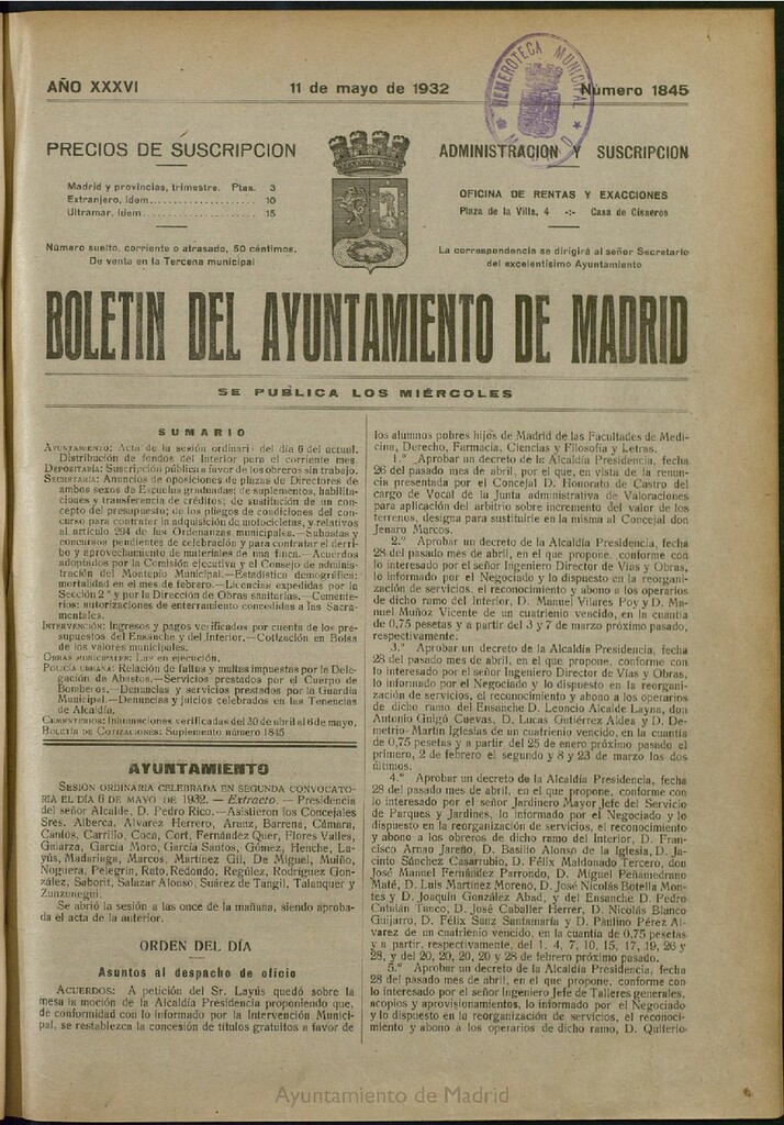 Miniatura de Boletín Oficial del Ayuntamiento de Madrid del 11 de mayo de 1932, nº 1845