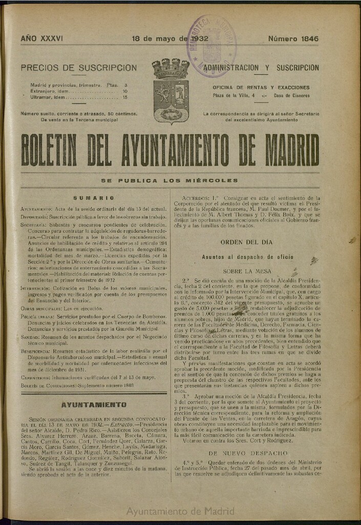 Miniatura de Boletín Oficial del Ayuntamiento de Madrid del 18 de mayo de 1932, nº 1846