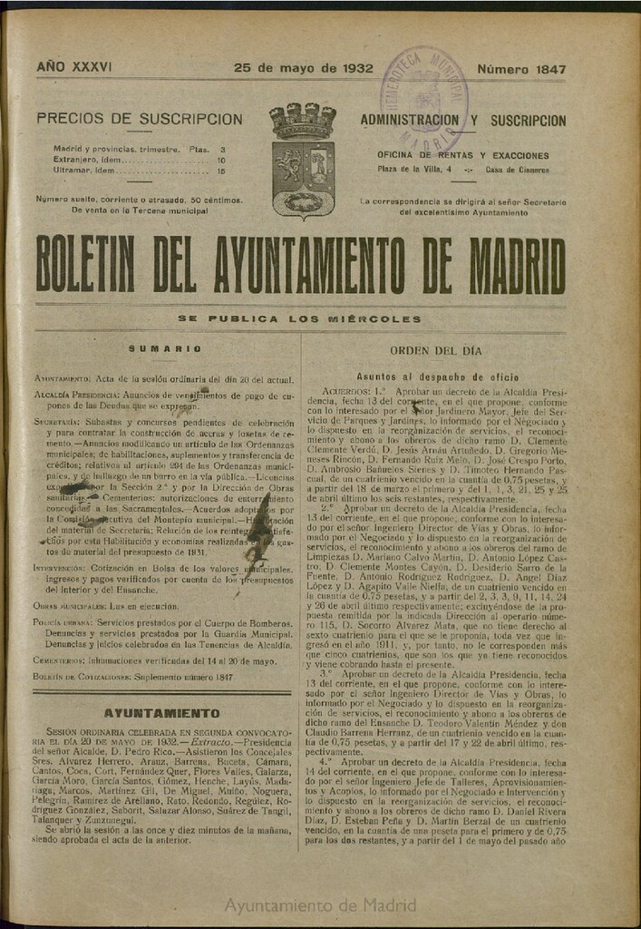 Miniatura de Boletín Oficial del Ayuntamiento de Madrid del 25 de mayo de 1932, nº 1847