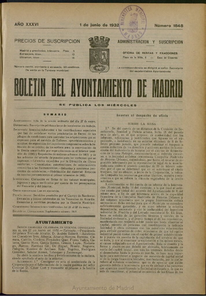 Miniatura de Boletín Oficial del Ayuntamiento de Madrid del 1 de junio de 1932, nº 1848