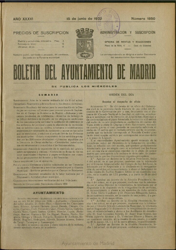 Miniatura de Boletín Oficial del Ayuntamiento de Madrid del 15 de junio de 1932, nº 1850