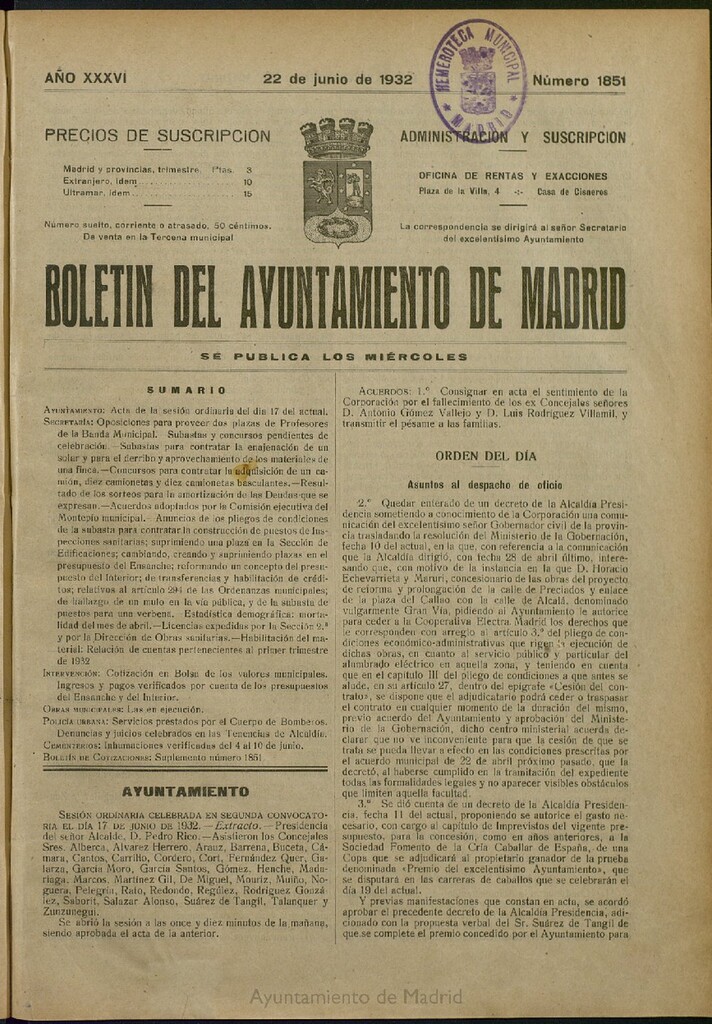 Miniatura de Boletín Oficial del Ayuntamiento de Madrid del 22 de junio de 1932, nº 1851