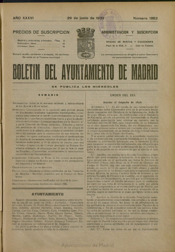 Miniatura de Boletín Oficial del Ayuntamiento de Madrid del 29 de junio de 1932, nº 1852
