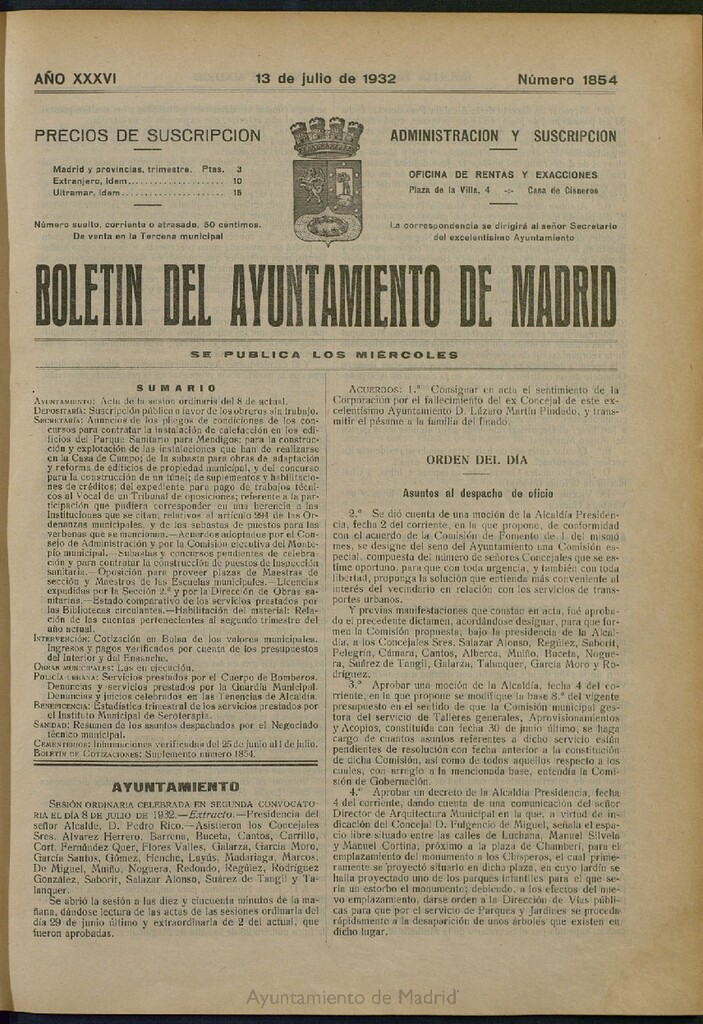 Miniatura de Boletín Oficial del Ayuntamiento de Madrid del 13 de julio de 1932, nº 1854