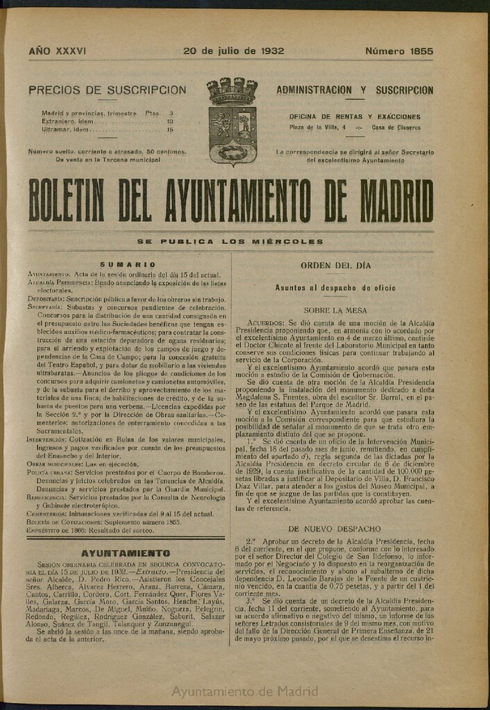 Miniatura de Boletín Oficial del Ayuntamiento de Madrid del 20 de julio de 1932, nº 1855