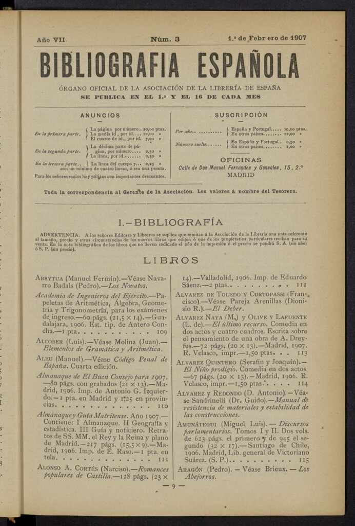Miniatura de Bibliografía Española del 1 de febrero de 1907